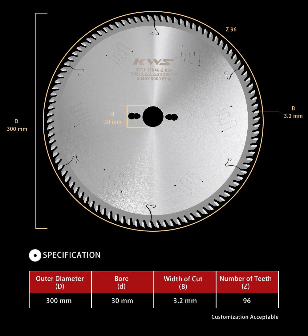 Kws Tct/PCD Circular Saw Blade 300X96t for Wood/MDF/Laminated Board with Freud/Leitz Quality.