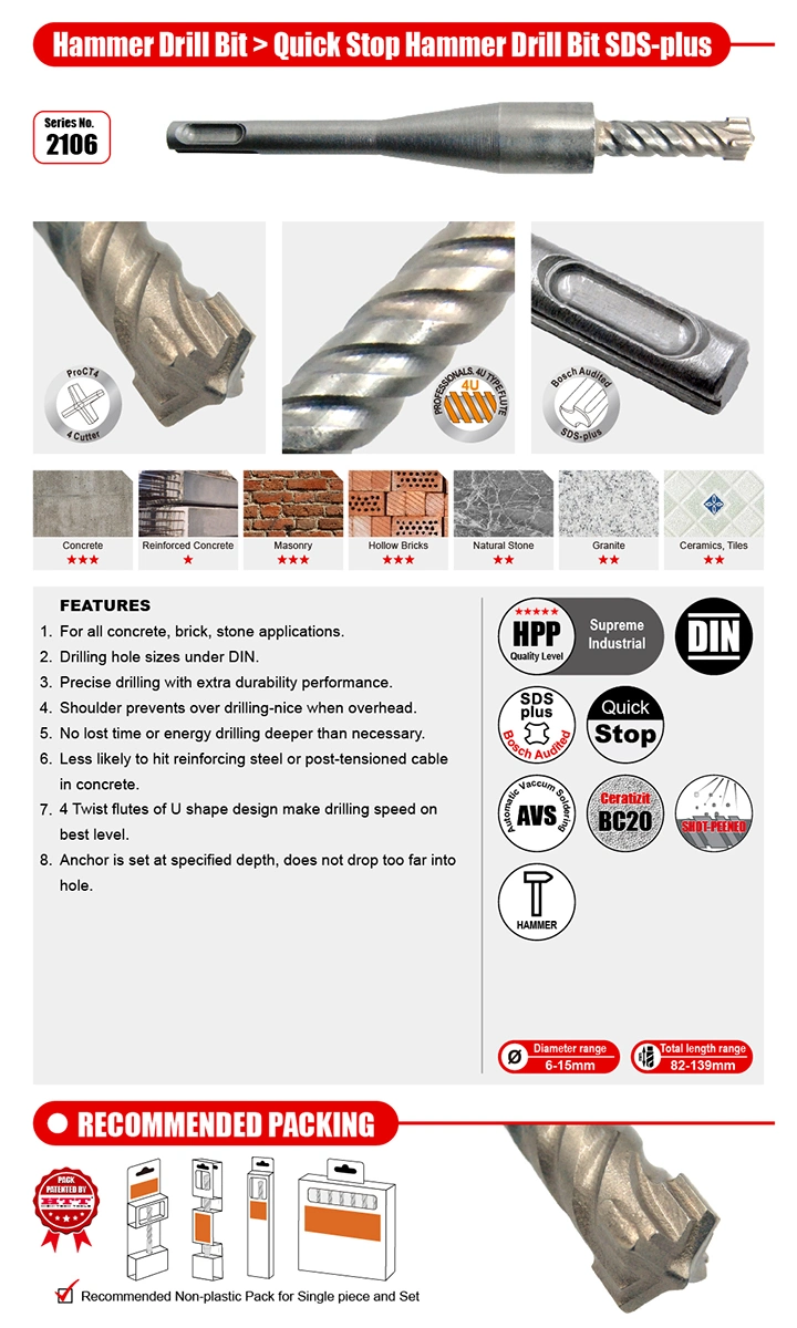 Supreme German Quality Cross 4cutter Quick Stop Hammer Drill SDS Plus with Stopper for Depth Controlled Drilling in Concrete, Brick, Stone, Cement, etc.